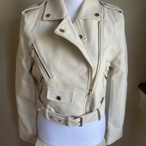 Fashion Nova Jackets & Blazers - Fashion Nova Fall Vibes Faux Leather Crop Jacket With Belt - Color Cream